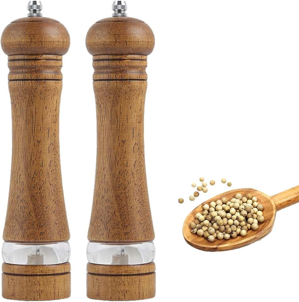 Salz und Pfeffermühle 2-teilig aus Holz, Pfeffer und Salzmühle Manuell mit Verstellbarem Keramikmahlwerk und Acrylfenster, Salt and Pepper Grinder Groß für Pfeffer, Meersalz und Gewürzmühle