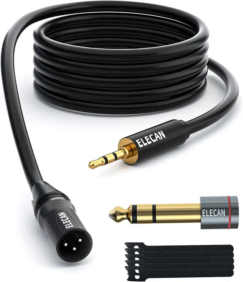 Elecan 3.5mm (1/8 Inch) TRS Aux Male to XLR Male Cable 50 Ft, Balanced Professional Shielded Stereo Microphone Cable Cord, Gold Plated for DSLR Camera Mixer Headphones with 3.5 to 6.35mm Adapter+Ties