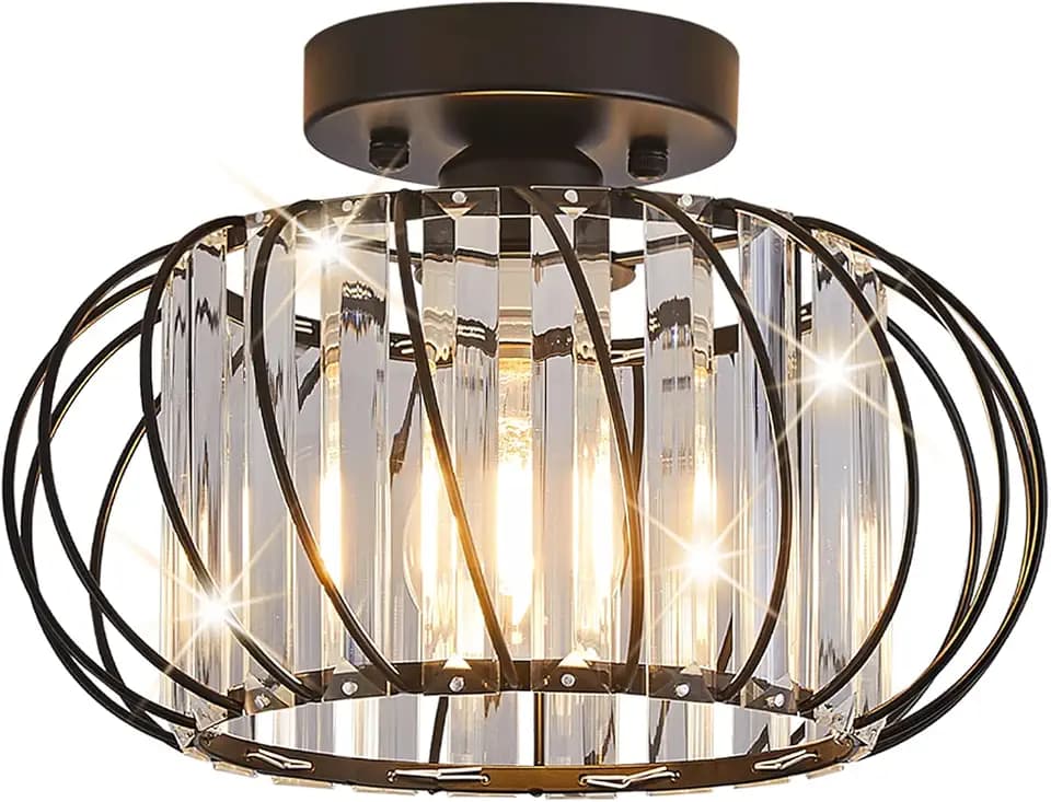 Semi Flush Mount Crystal Ceiling Light, 11 Inch Metal Cage Hallway Ceiling Lamps, Farmhouse Ceiling Light Fixture, Industrial Crystal Chandelier for Corridor Bathroom Kitchen (E26, Black, 11 Inch)