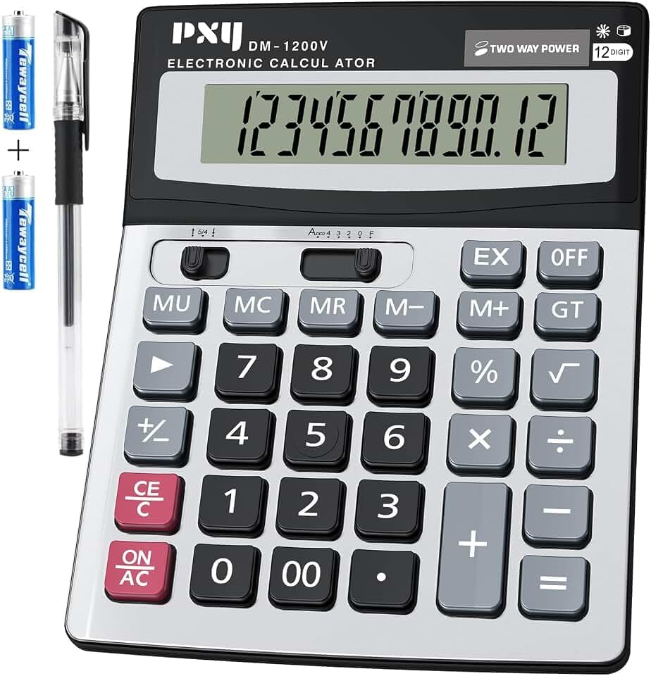 Desk Calculator 12 Digit Extra Large LCD Display, Touch Comfortable with Big Buttons, PXY Two Way Power Battery and Solar Standard Function Office Calculators