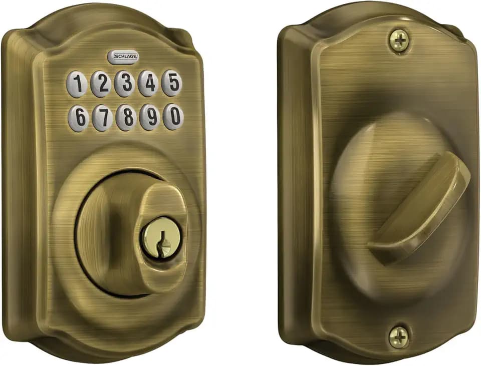 Schlage Electronic Keypad Deadbolt Lock, Camelot Trim, Antique Brass