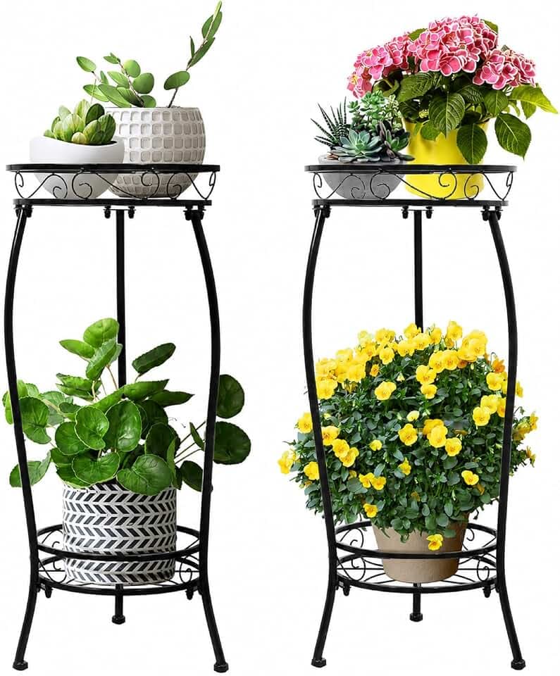 2 Pack Plant Stand Indoor Outdoor 2 Tier 27" Tall Metal Potted Holder Rack Flower Pot Stand Heavy Duty Plant Shelf Rustproof Iron Multiple Plant Round Supports Rack for Planter Corner Garden