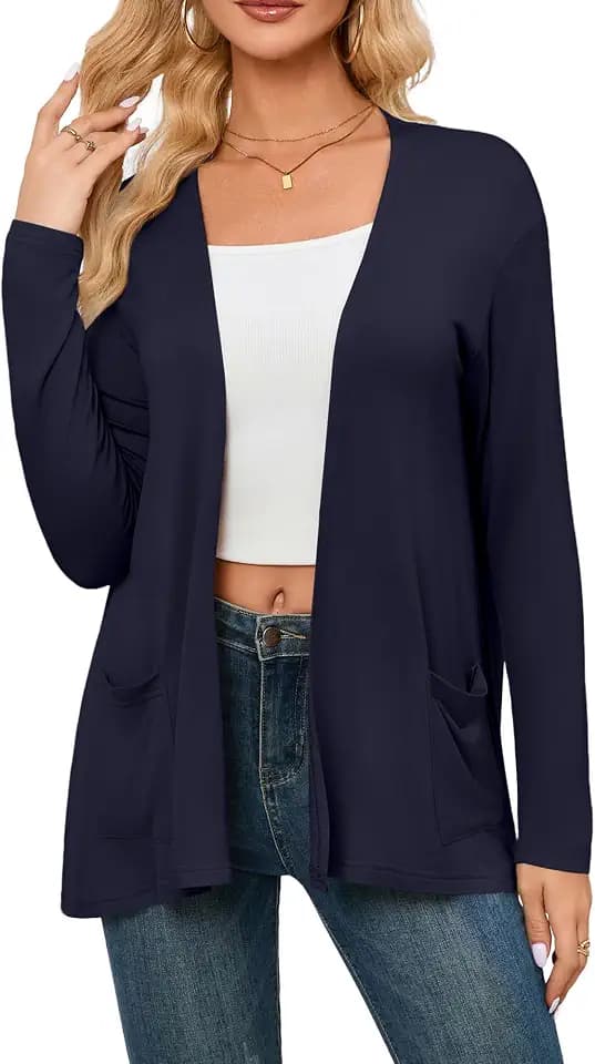 Poplab Womens Long Sleeve Open Front Cardigans with Pockets Casual Lightweight Cover Ups for Layering Navy L