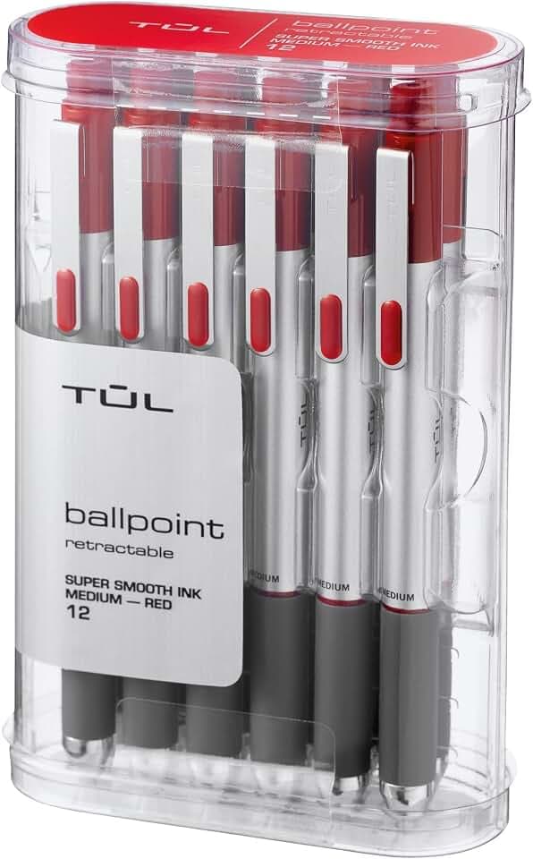 TUL BP3 Ballpoint, Retractable, Medium Point, 1.0 mm, Silver Barrel, Red Ink, Pack Of 12