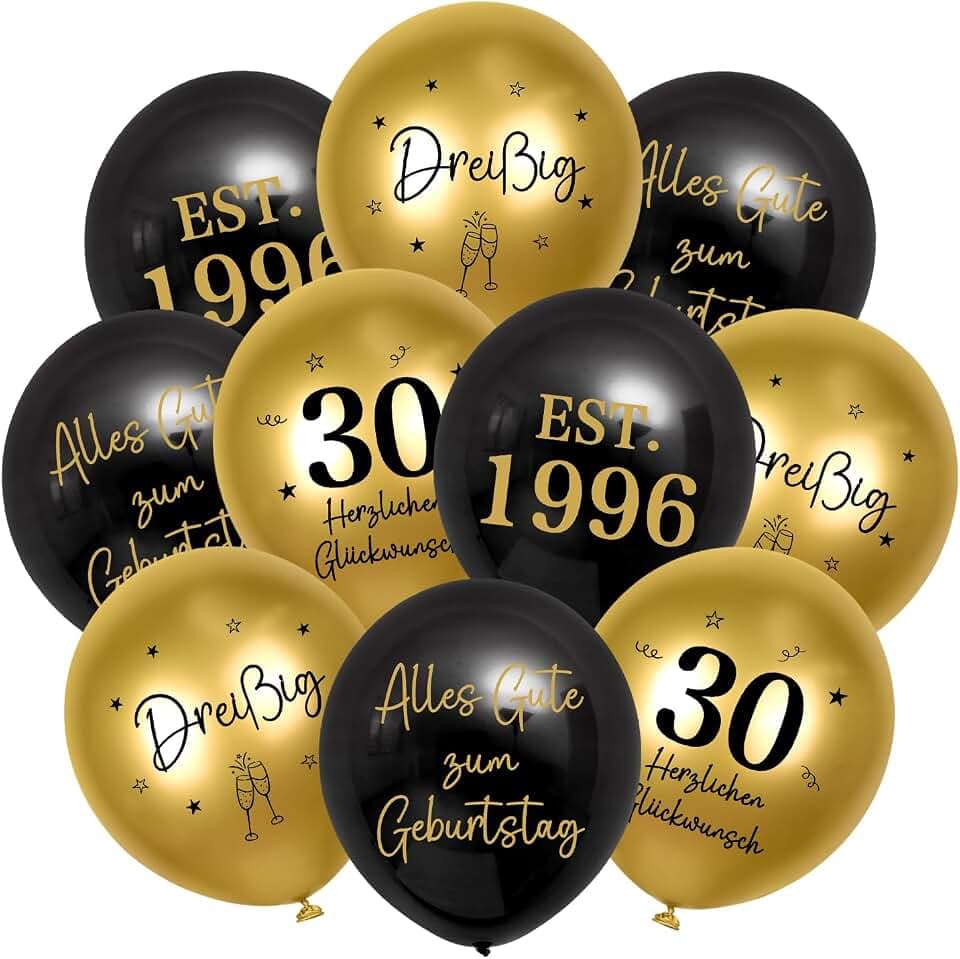 HUKUMA 24 Stück Deko 30. Geburtstag,30er Deko Mann Frauen,Luftballons Gold Schwarz Männer,Happy Birthday Latex Ballons,Alles Gute zum Geburtstag Geburtstagsdeko