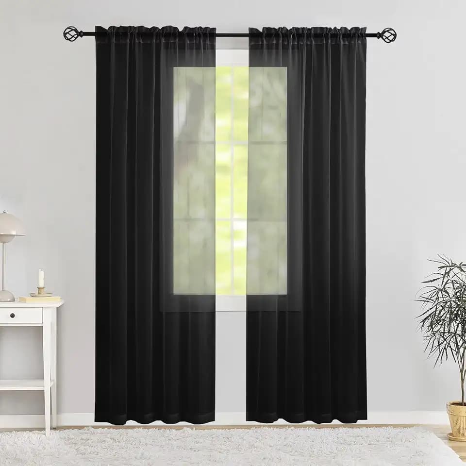 Semi Voile Sheer Curtains 84 Inches Long 2 Panels Rod Pocket Window Treatment for Living Room Bedroom Dining Room(Black 42" W x 84" L)