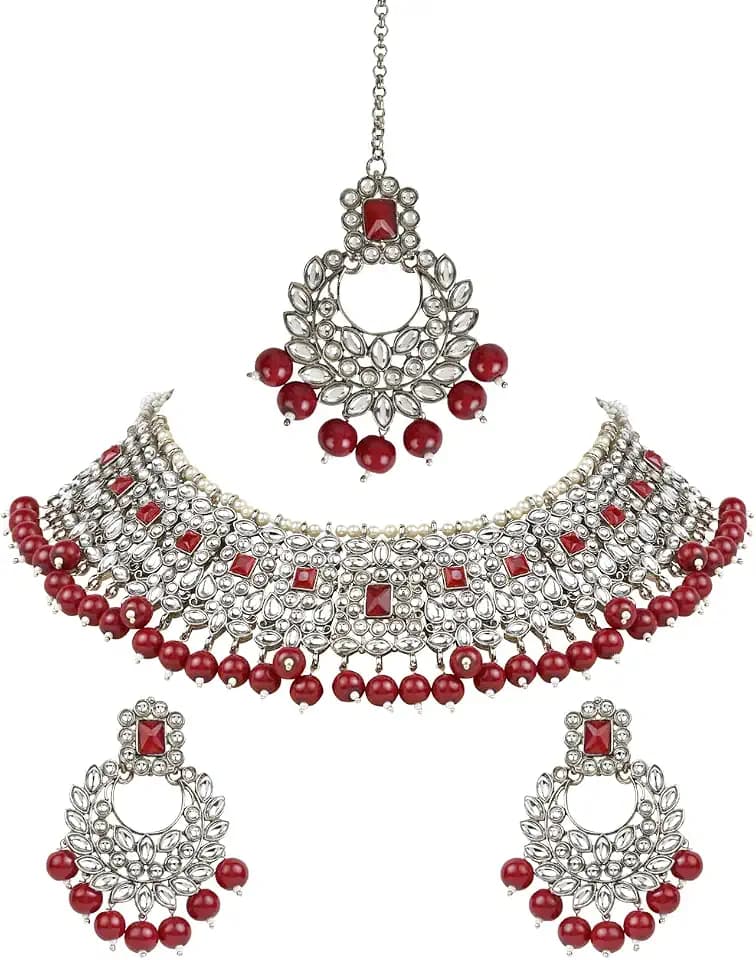 I Jewels Indian Wedding Bollywood Pearl Kundan Studded Choker Jewellery Necklace Set with Maang Tikka for Women (Style 4)