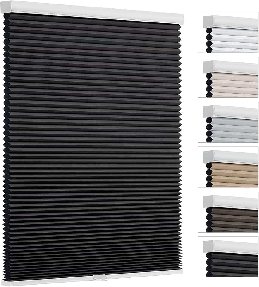 Changshade Cordless Cellular Shades, Blackout Room Darkening Black Out Honeycomb Blinds for Indoor Windows Bedroom, Pull Down Pleated Accordion Blind Easy Install, Shade Size 37" Wx64 H, Black