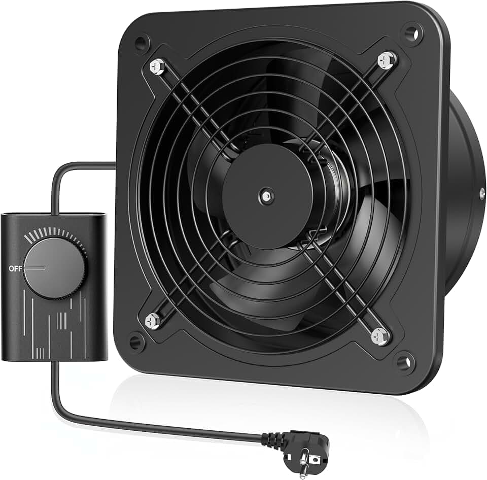 Hon&Guan Abluftventilator 250mm Industriell mit Drehzahlregelung EU-Stecker, 1680m³/h Badlüfter mit Jalousieklappe für Garagen Keller Dachboden Fensterlüftung