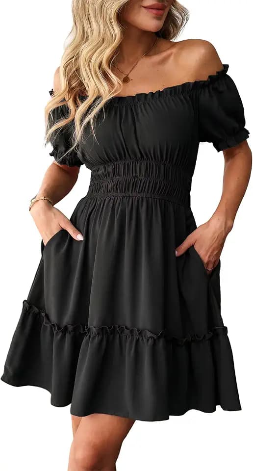 Amoretu Women's Summer Off the Shoulder Dress Smocked Waist Mini Sundress with Pockets, Wedding Guest, Vacation, Garden Party