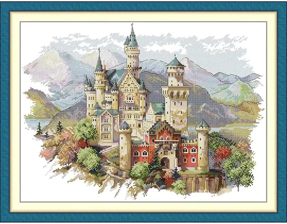 CROSSDECOR Stamped Cross Stitch Kits Full Range of DIY Needlepoint for Adult Beginners Pattern, for Gift and Home Decor 14CT 2 Strands Castles,19.69×14.96 inch