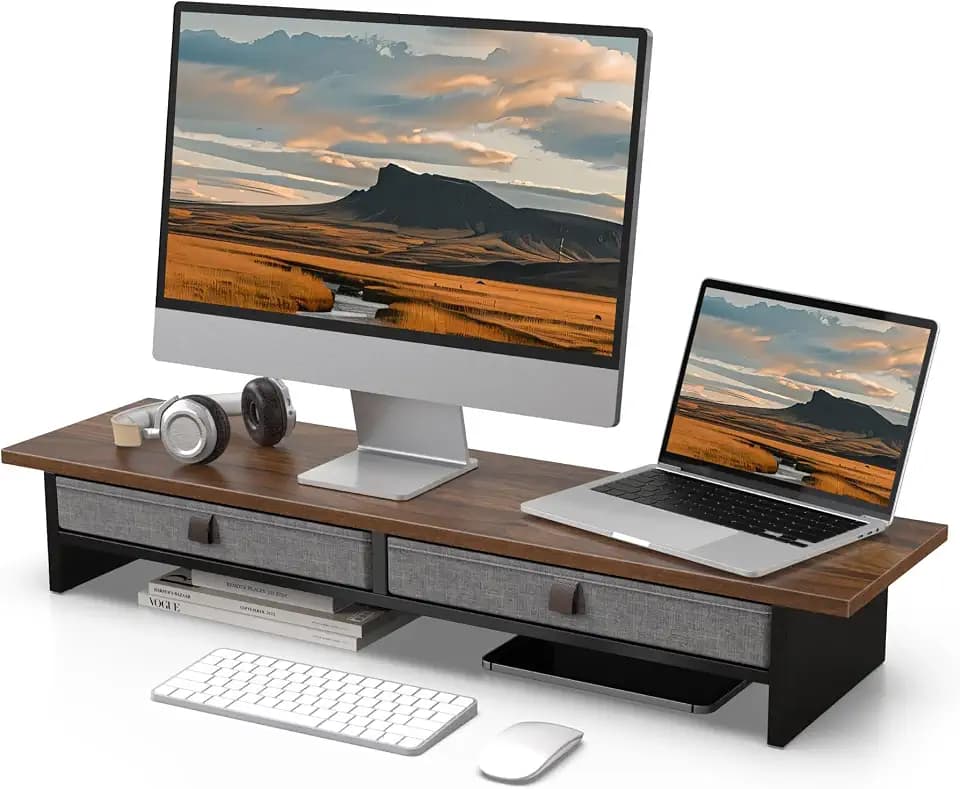 Fenge Monitorständer, 90cm, 2 Leinen-Schubladen, für Laptop PC TV, Braun