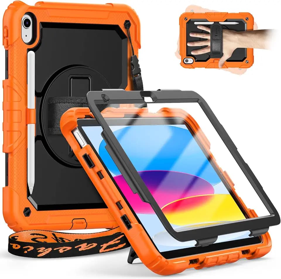 timecity Hülle für iPad 10th Generation 10.9 Zoll 2022 Release, Stoßfeste mit Displayschutzfolie, Schulter & Handschlaufe, 360 Grad drehbarer Ständer, Stifthalter 10, Schwarz/Orange