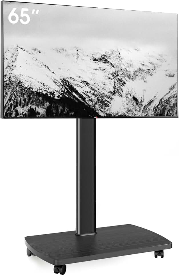 AOKCOS TV Ständer Rollbar mit Holzablage, Fernsehständer auf Rollen für 32-65 Zoll Fernseher, TV Bodenständer Höhenverstellbar Schwenkbar, bis 40 kg Max. VESA 400x400mm (Schwarz)