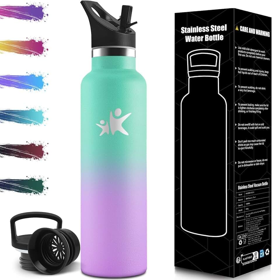 Trinkflasche Edelstahl 1L, BPA-Frei, Thermosflasche, Auslaufsichere Isolierflasche Doppelwandig, Thermoskanne, Wasserflasche mit Strohhalm, Trinkflasche Kohlensäure Geeignet für Sport