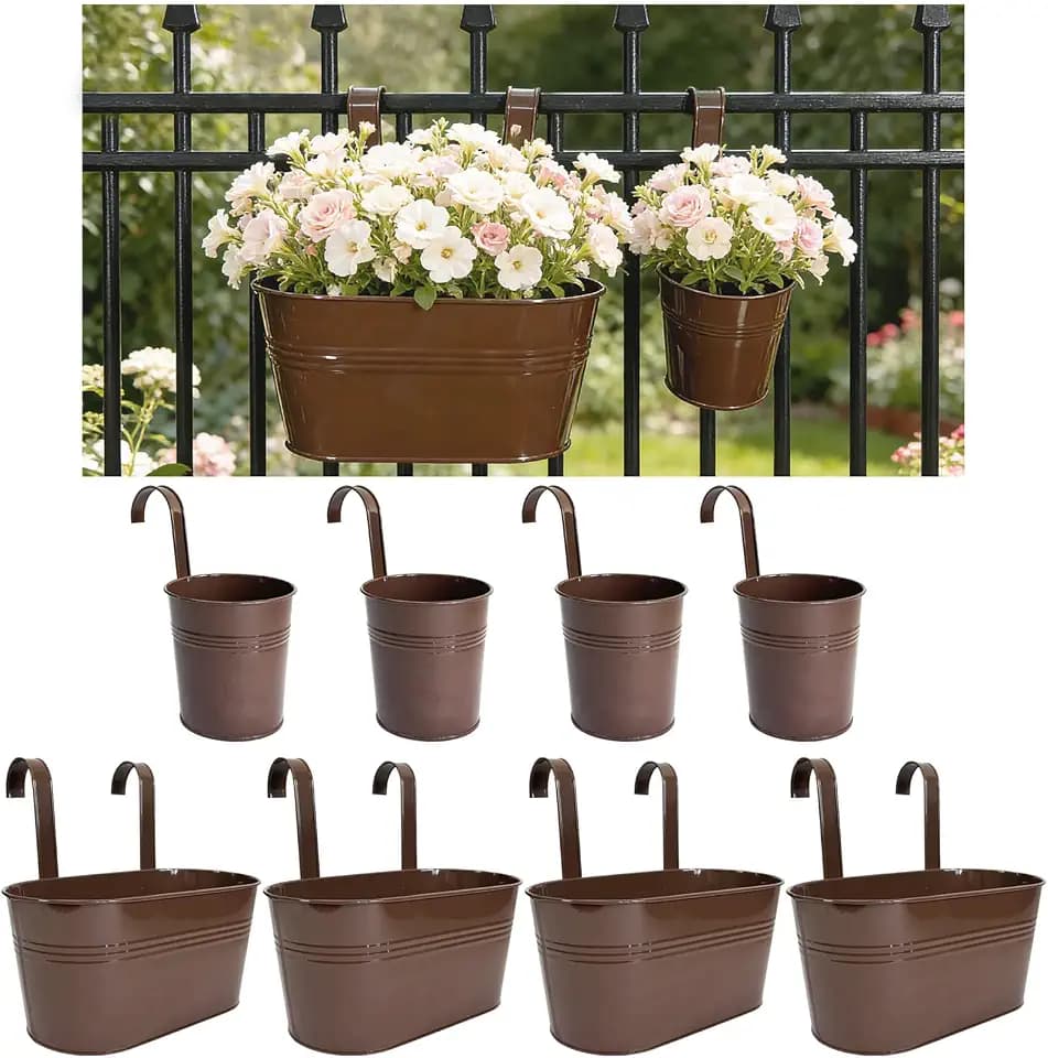 8 Pack Mixed Size Metal Railing Planters with Hanging Hooks, Chocolate