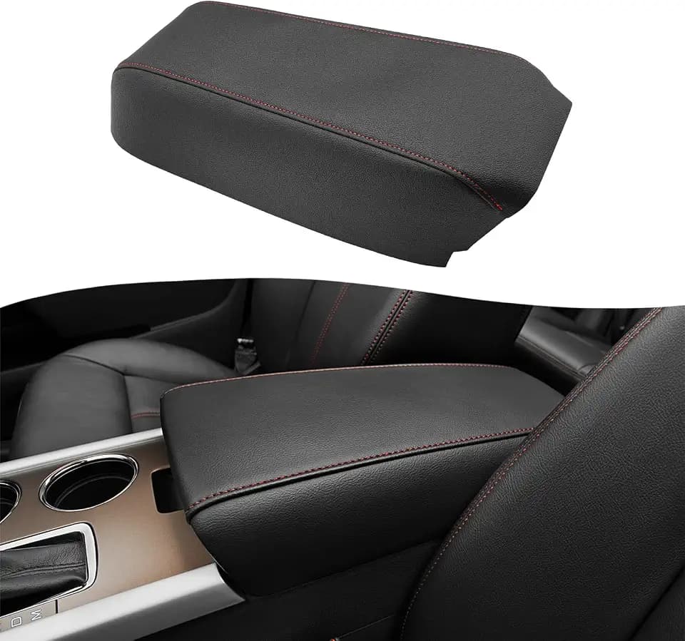 KBH Center Console Armrest Cover Replacement for Ford Edge 2011 2012 2013 2014, Vinyl Leather Middle Console Arm Rest Upholstery, Anti-Scratch, Black-Red Stitch