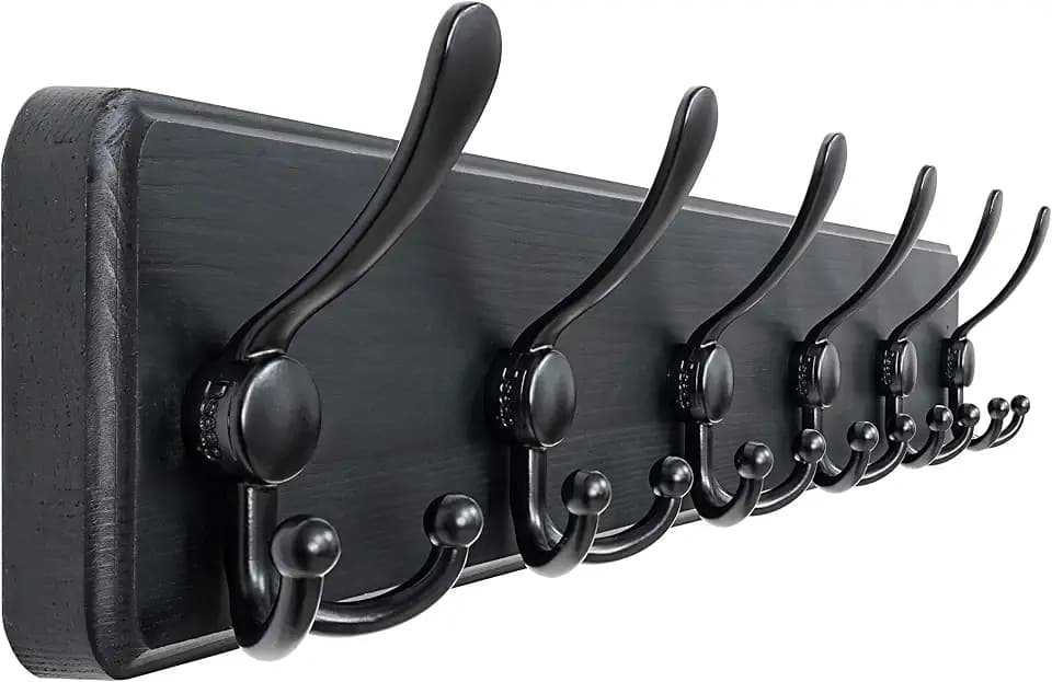 Dseap Coat Rack Wall Mounted - 24" Long 6 Tri Hooks, Heavy Duty Wooden Wall Coat Hanger Coat Hook for Clothes Hat Jacket Clothing, Black