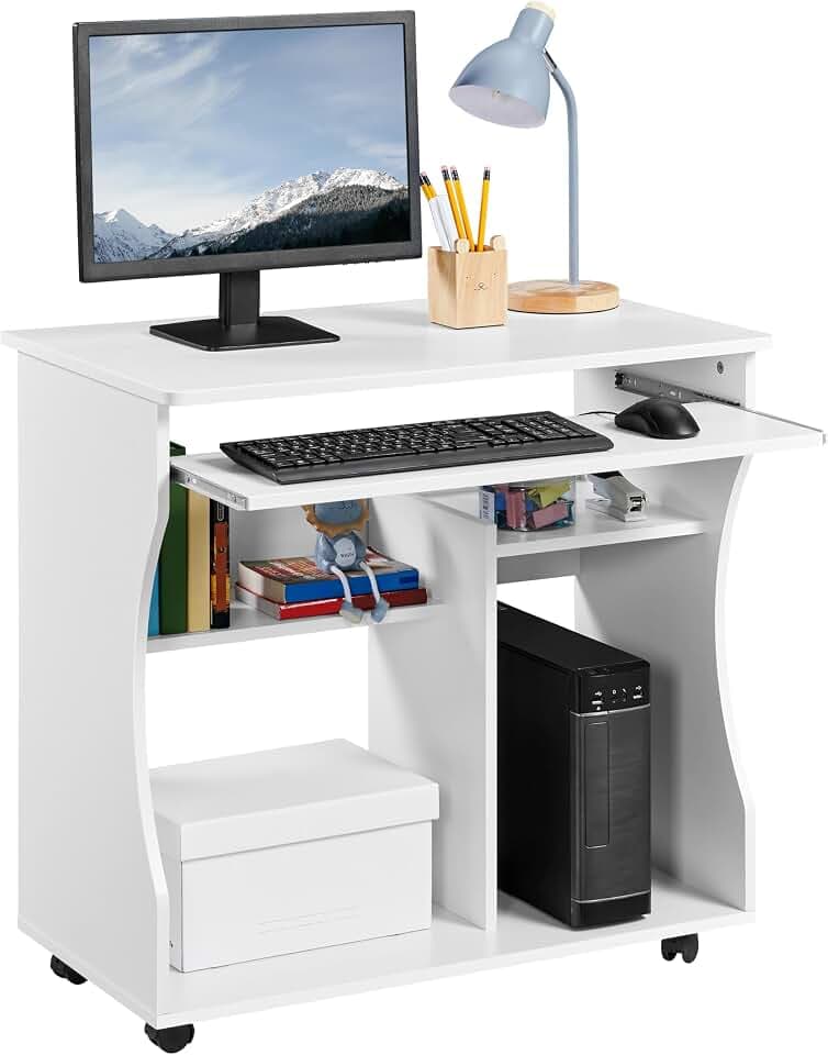 Yaheetech Schreibtisch mit Rollen, Bürotisch mit ausziehbarem Tablett, 80 x 48 x 76 cm, Computertisch mit Schubladen für PC, Drucker, Büro, Studio, Weiß