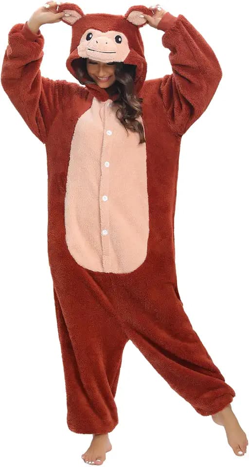 Lustiger Tier Einteiler mit Knopfleiste Kuscheloverall Damen Flauschig Plüschkostüm Ganzkörperanzug Fasching Partyoutfit Pyjama Herren Winter Erwachsene Geschenk für Frauen