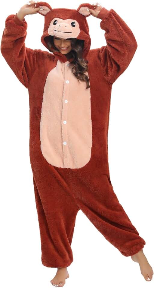 Lustiger Tier Einteiler mit Knopfleiste Kuscheloverall Damen Flauschig Plüschkostüm Ganzkörperanzug Fasching Partyoutfit Pyjama Herren Winter Erwachsene Geschenk für Frauen
