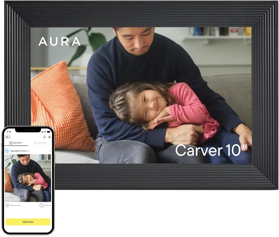 Aura Carver Intelligenter digitaler Bilderrahmen 10,1 Zoll HD WLAN Cloud Digitaler Fotorahmen, Kostenloser unbegrenzter Speicherplatz, Fotos von überall aus senden – Gravel