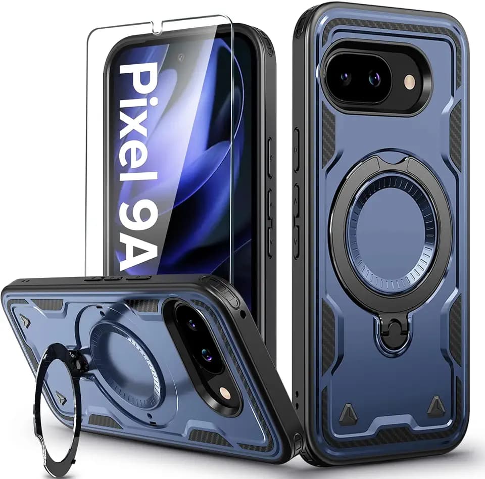 for Google Pixel 9A Case Magnetic with Stand, with Mag-Safe, with Screen Protector, Wireless Charging, Shockproof for Google Pixel 9A 5G Phone Case, Ring Holder Phone Cover, for Google Pixel 9A Blue