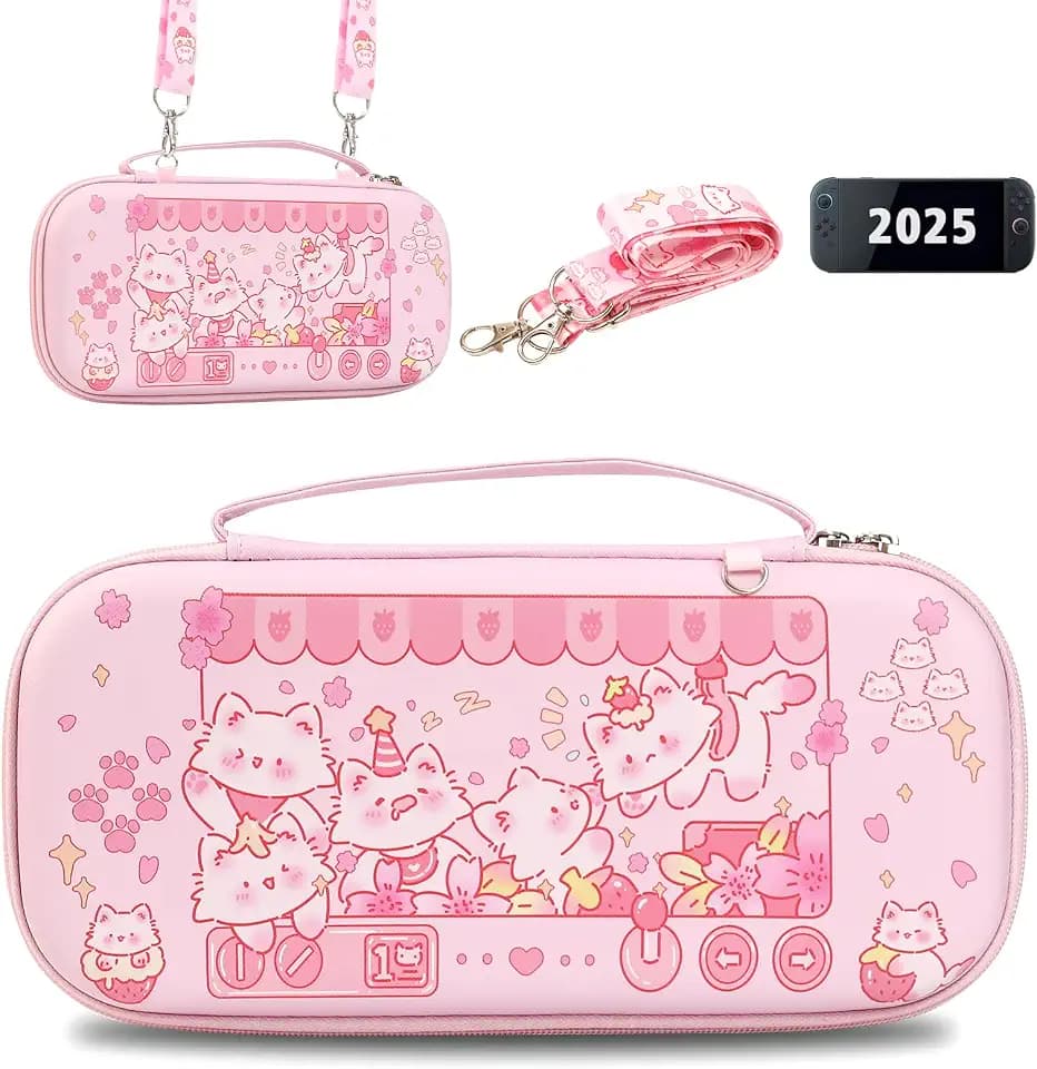 FlyingMage Carrying Case Compatible with Switch 2 2025, Switch2 Hard Shell Storage Bag with 12 Game Card Slots & Strap, Cute Cat Travel Carry Case for Switch 2 Console and Accessories, Claw Machine