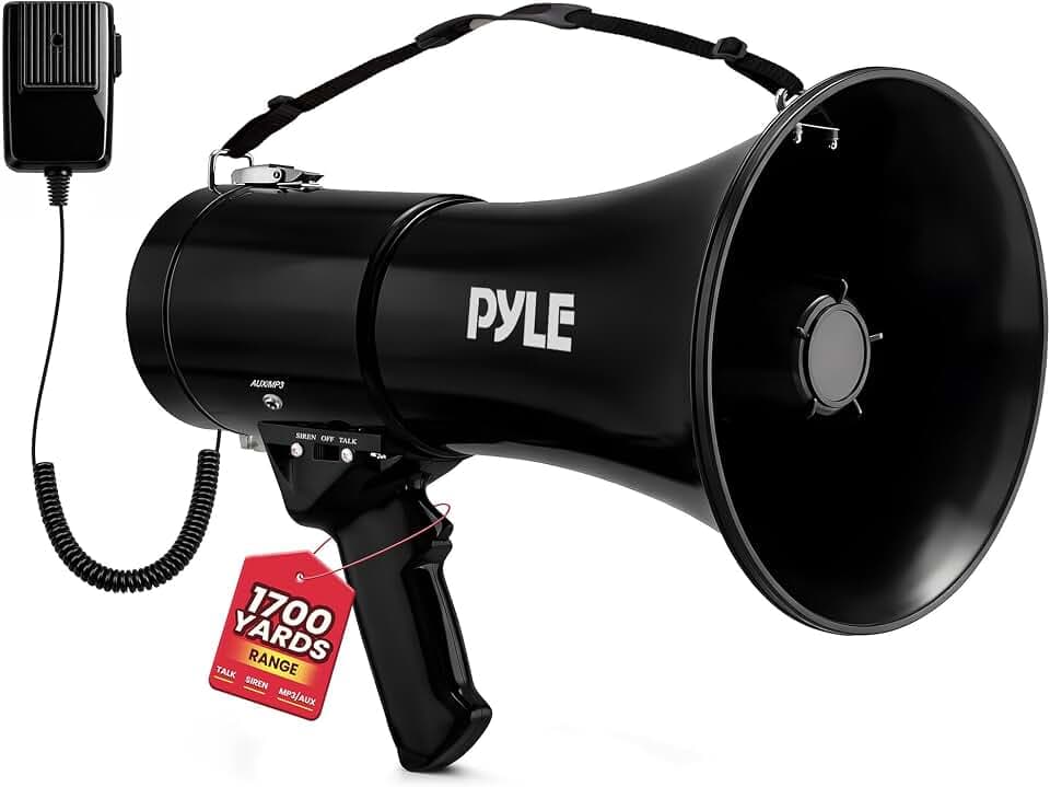 Pyle Portable Megaphone Speaker PA Bullhorn - Built-in Siren, 50W Adjustable Volume Control in 1200 Yard Range, Ideal for Any Outdoor Sports, Cheerleading Fans & Coaches, or for Safety Drills