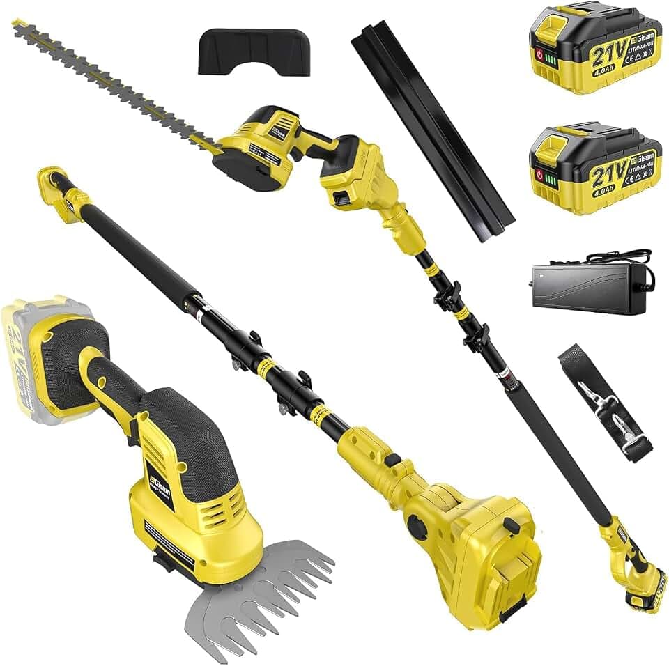 4-in-1 Pole Hedge Trimmer Cordless, Electric Hedge Trimmer and Grass Shear with Extension Pole, 180° Adjustable Angle, 16Ft Reach, 2x4.0Ah Battery, for Shrub Pruning