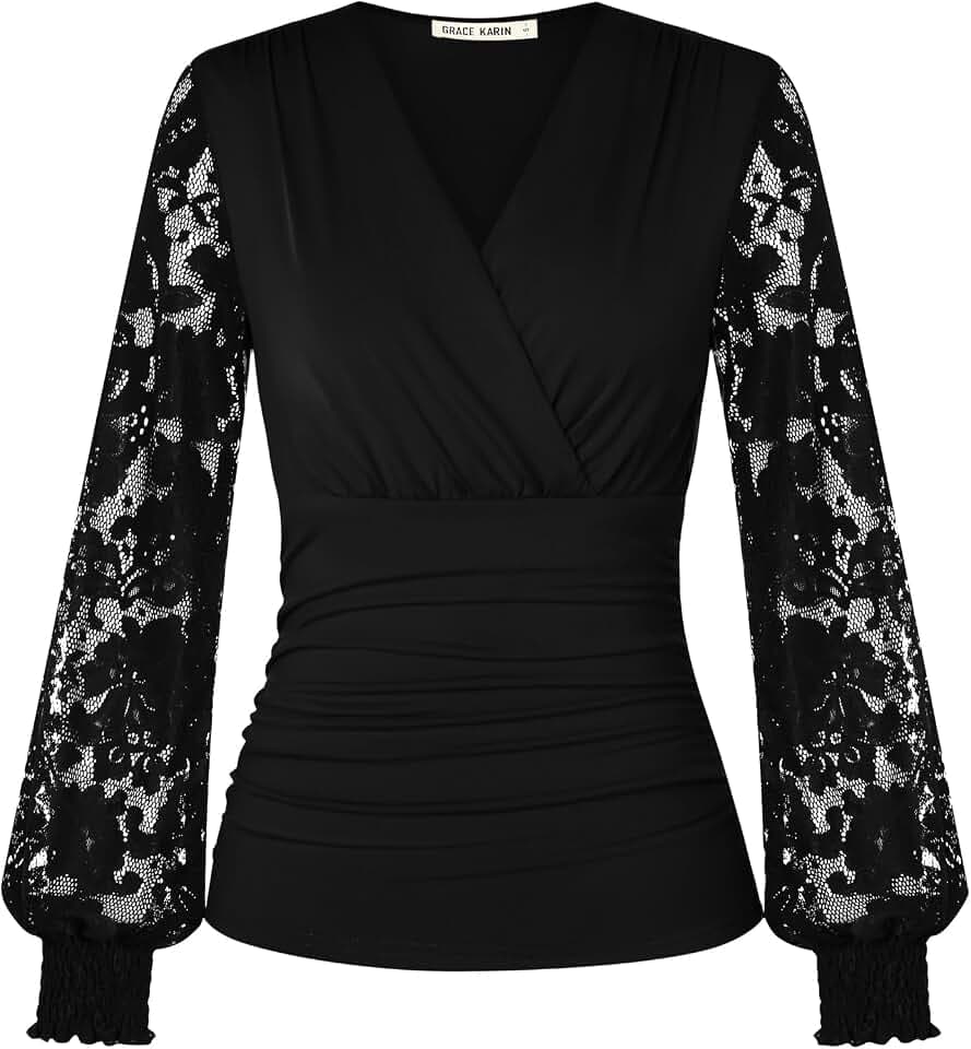 GRACE KARIN Damen Spitzen Langarm Festliche Bluse Plissierte Wickelbluse