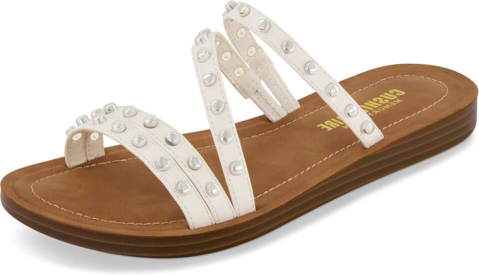 CUSHIONAIRE Andrea Strappy Women’s Sandals, Comfortable Studded Flat Slides for Women with Cushioned Footbed