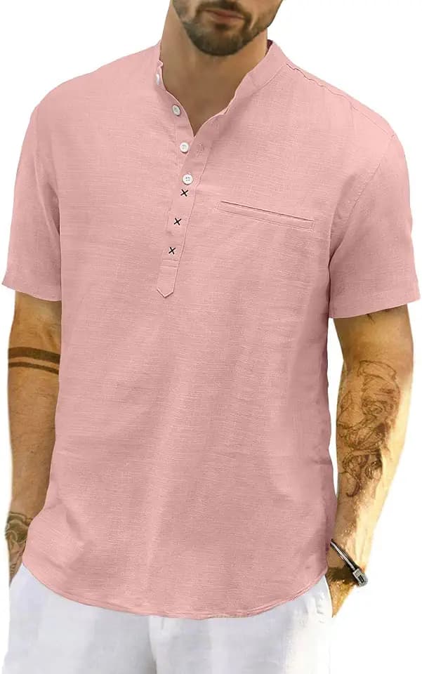 LVCBL Linenhemd Herren Kurzarm Leinen Kurzarm Henley Hemd Sommer Leicht Banded Collar Strand Tops M-3XL