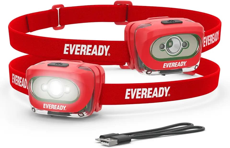 Eveready X200 LED Rechargeable Headlamps (2-Pack), Super Bright IPX4 Water Resistant Head Lights for Running, Camping, Emergency, Outdoors (USB Cable Included)