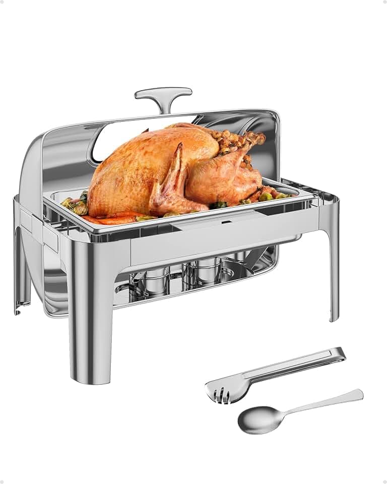 GarveeHome 9 QT Roll Top Chafing Dish Buffet Set, Food-Grade Stainless Steel Commercial Chafer for Catering, Parties, and Weddings, Visible Lid, [1 Full Size Pan] Included