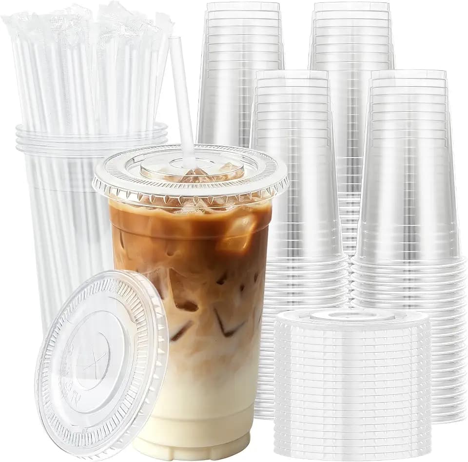 Lamosi 100 Pack 20 oz Clear Plastic Cups with Lids and Straws