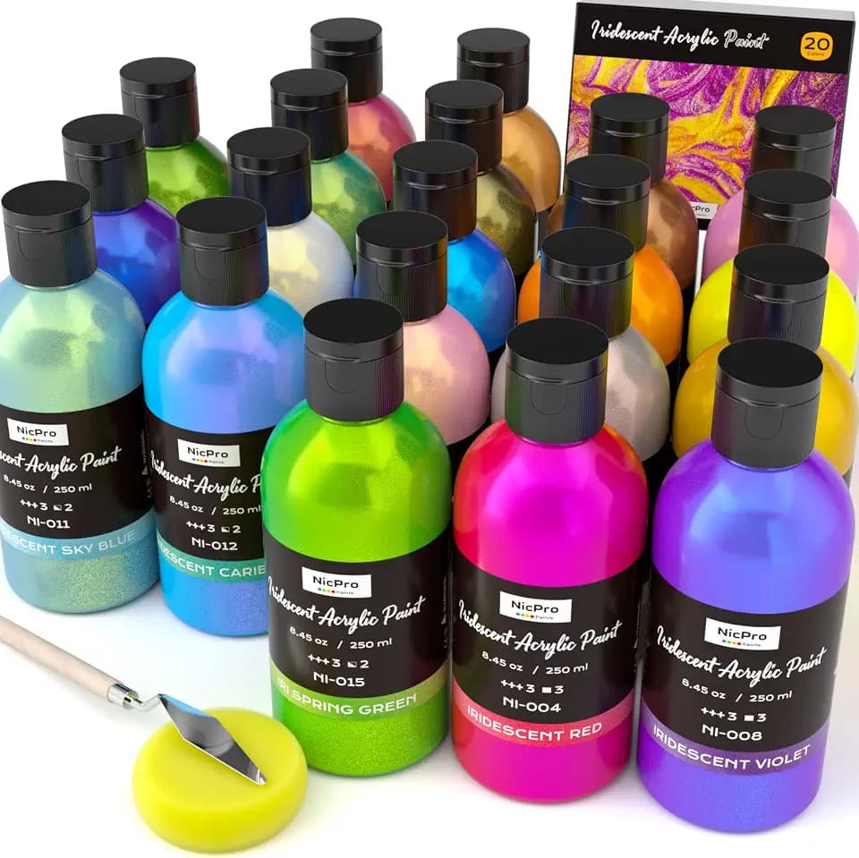Nicpro 20 Colors Iridescent Acrylic Paint,8.45oz Large Bulk Metallic Paint