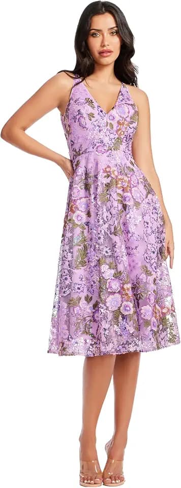 Dress the Population Women's Elisa Sleeveless Plunge Neckline Fit and Flare Midi Dress