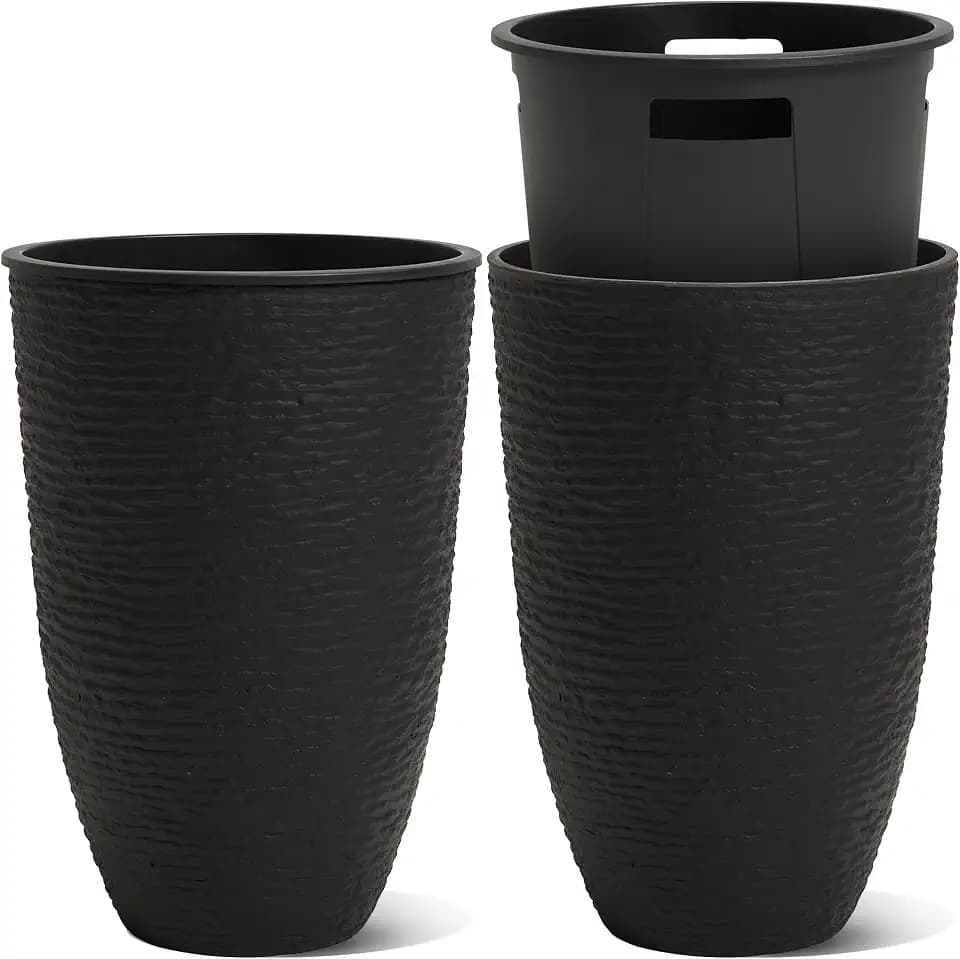 Worth Garden 2-Pack 21" H. Black Tall Planters with Inside Pots - 14'' Dia Plastic Large Round Plant Tree Pots - Decorative Imitation Stone Finish for Indoor Outdoor Front Porch Container Patio