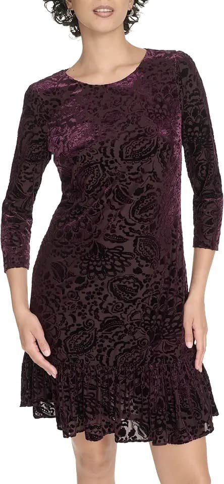 Tommy Hilfiger Women's 3/4 Sleeve Crew Neck Double Ruffle Hem Velvet Burnout Shift Mini Dress