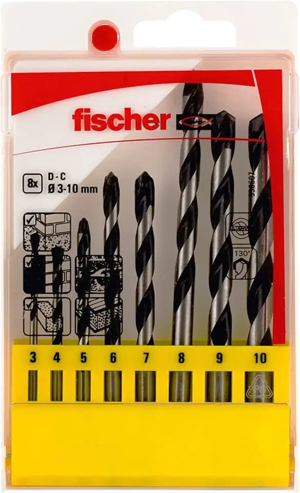 fischer Betonbohrer Set, 3-10 mm Durchmesser, Aufsätze für Bohrmaschinen, Bohrerset mit verschiedenen Größen, Werkzeug zum Bohren in Beton & divers. Gesteinsarten, 8er Pack