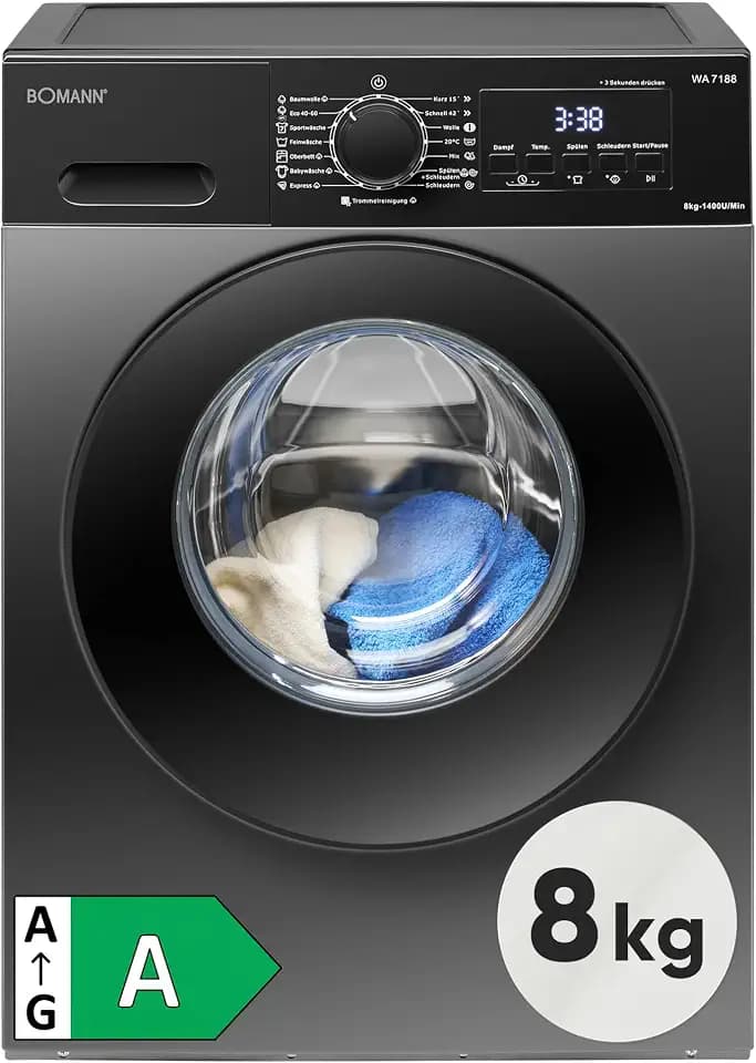 Bomann® Waschmaschine 8kg | 5 Jahre Motor-Garantie | Invertermotor-effizient, leise & langlebig | max. 1400 U/min | 15 Programme | Dampffunktion | LED-Display | Washing Machine | WA 7188 weiß-schwarz