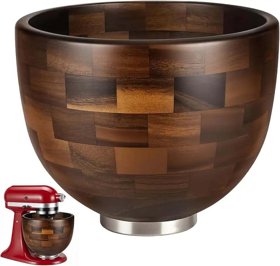 Premium Walnut Wood Mixing Bowl, Compatible with KitchenAid 4.5 & 5 QT Tilt-Head Mixers, Natural True Walnut Wooden Bowl with Stainless Steel Locking Base, 5QT (9.4")