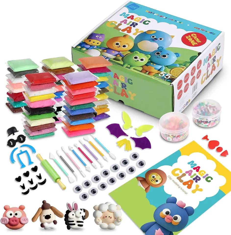 NK Luftgetrocknetes Polymerton-Set, 55 Farben, mit illustriertem Handbuch mit Designs, schnell trocknend und sicher, mit Zubehör, Formen und Spielen, weich, kreativ, zum Basteln, für Kinder von 3 bis