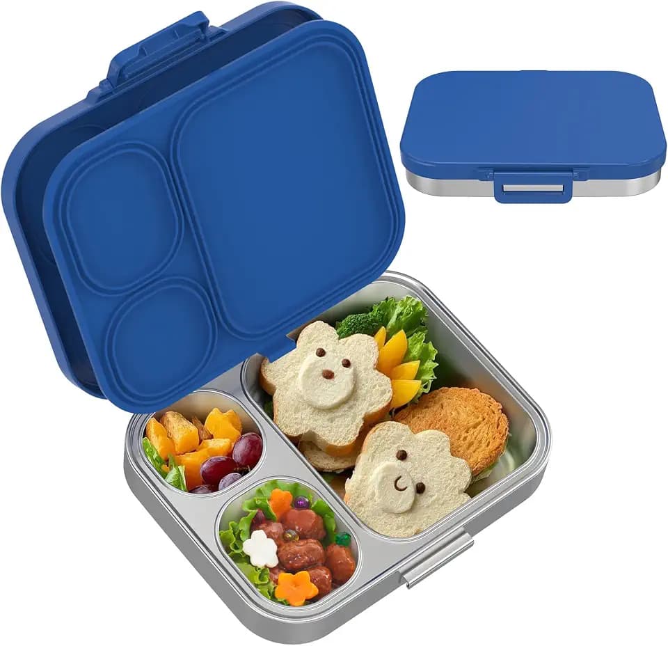 VITONIS 1000 ml Brotdose Kinder mit 3 Fächern Edelstahl, Bento Lunch Box mit Silikondeckel, Auslaufsicher, Spülmaschinenfest, Bento Box für Picknick Arbeit Reisen (Blau)