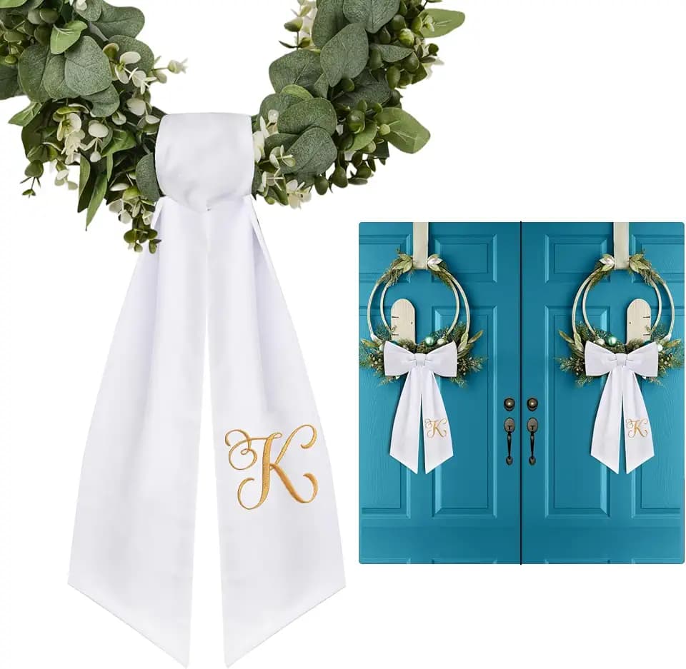 2 Pack Wreath Sash for Front Door Monogrammed Embroidery Wreath Sash for Boxwood Front Door Porch Wreath Garland Decor(Letter K)