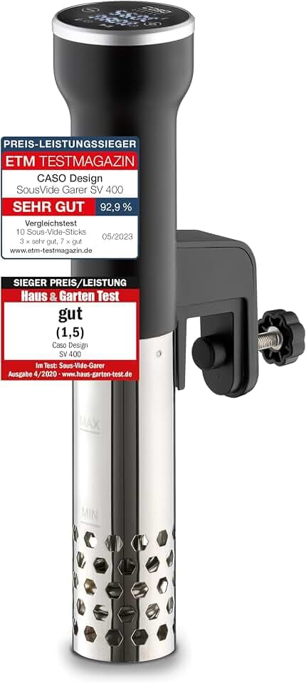 Caso SV400 Sous Vide Stick, Edelstahl, Schwarz, für Behälter bis 20l Volumen, 25-90°C in 0,5°C Schritten, IPX7, Platzsparendes Design