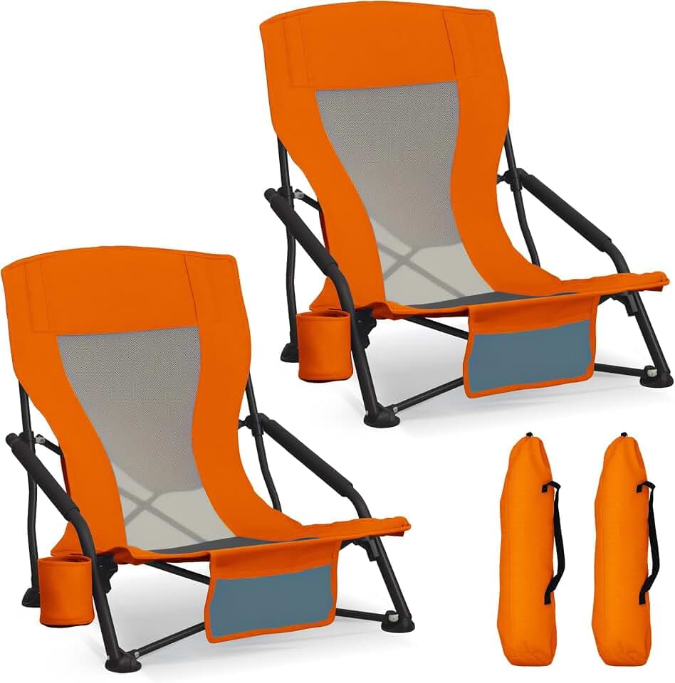 Portable Folding Beach Chair for Adults - Lightweight Low Back Sling Chair with Cup Holder & Storage Pocket, 300lbs Capacity Camping Chair for Outdoor, Lawn (Bright Orange, 2 pcs)