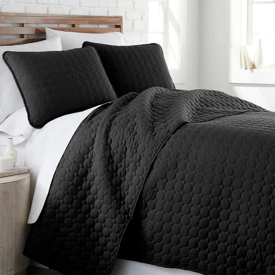Oversized Black Quilt King Size Bedding Set with 2 Pillow Shams, Black