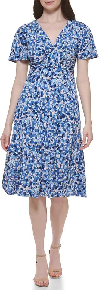 Jessica Howard Women's Printed Knit Jersey Fit & Flare Short Sleeve-Desk to Dinner